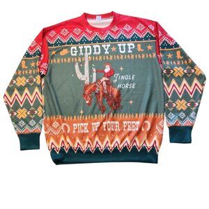 Giddy Up Jingle Horse Cowboy Christmas Ugly Sweatshirt Cowboy Retro L NEW NWOT